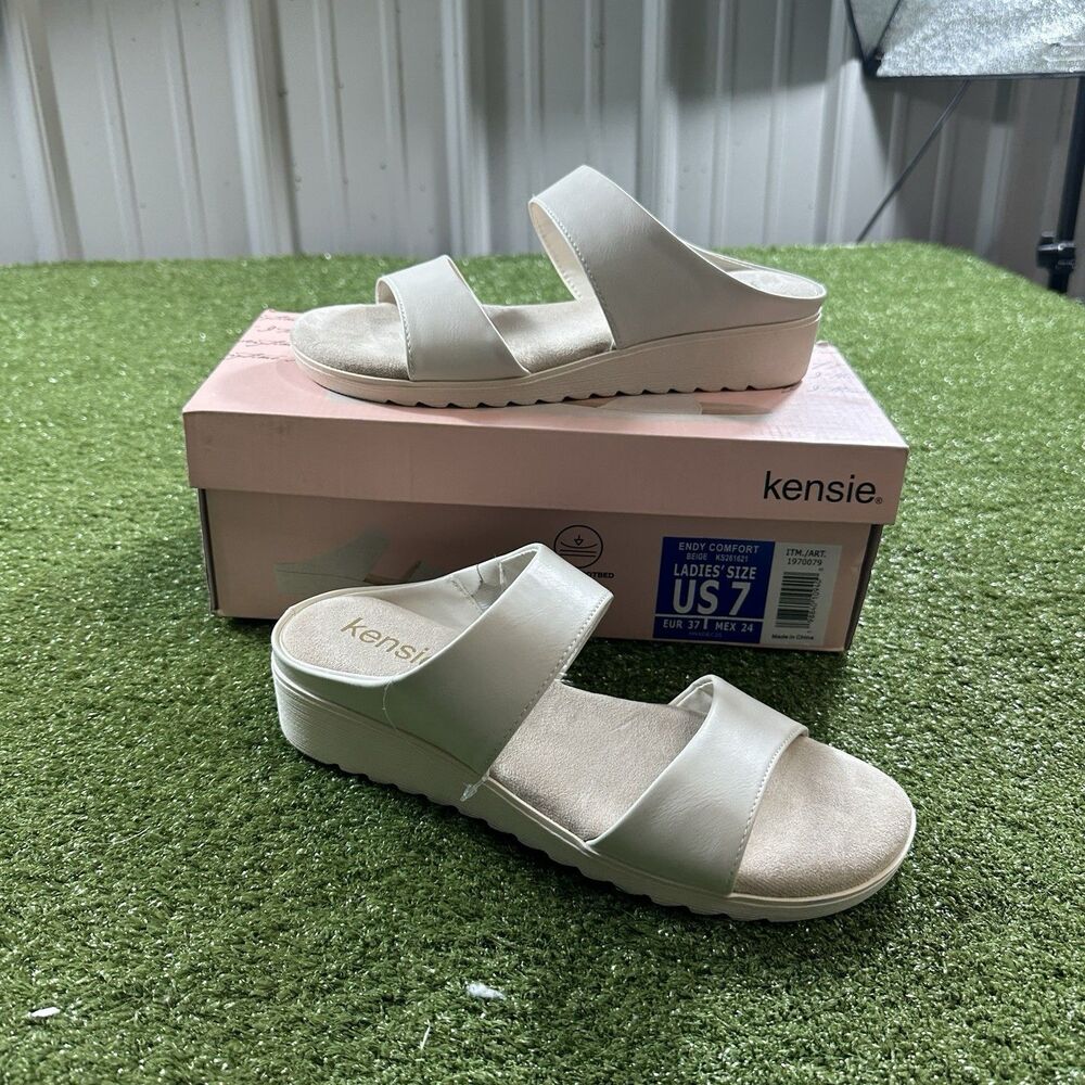 Kensie Endy Comfort Women's Size 7 Beige Wedge Sandals Shoes w/ Box